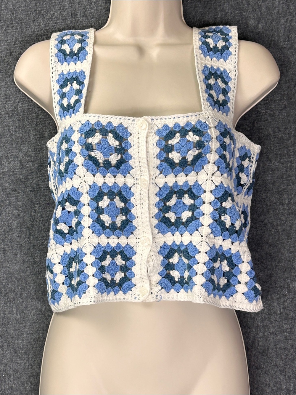 FRIME Crop Tank Top Womens M/L Blue Crochet Granny Square Button Boho Festival
